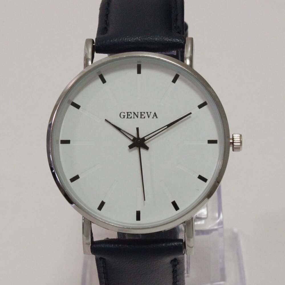 Men's Minimalist Fashion Watch Silver Case White Dial Navy Blue Strap 40mm - Picture 6 of 13